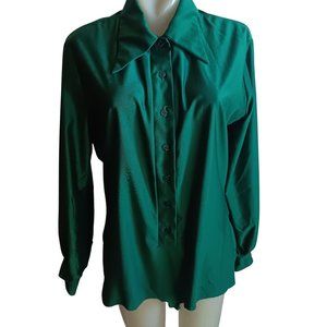 Women's Large Vintage 70's Green Long Sleeve Button-Up Bodysuit Pointed Collar